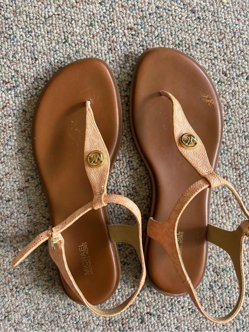 Michael Kors Brown Leather T-Strap Sandals with Gold Logo